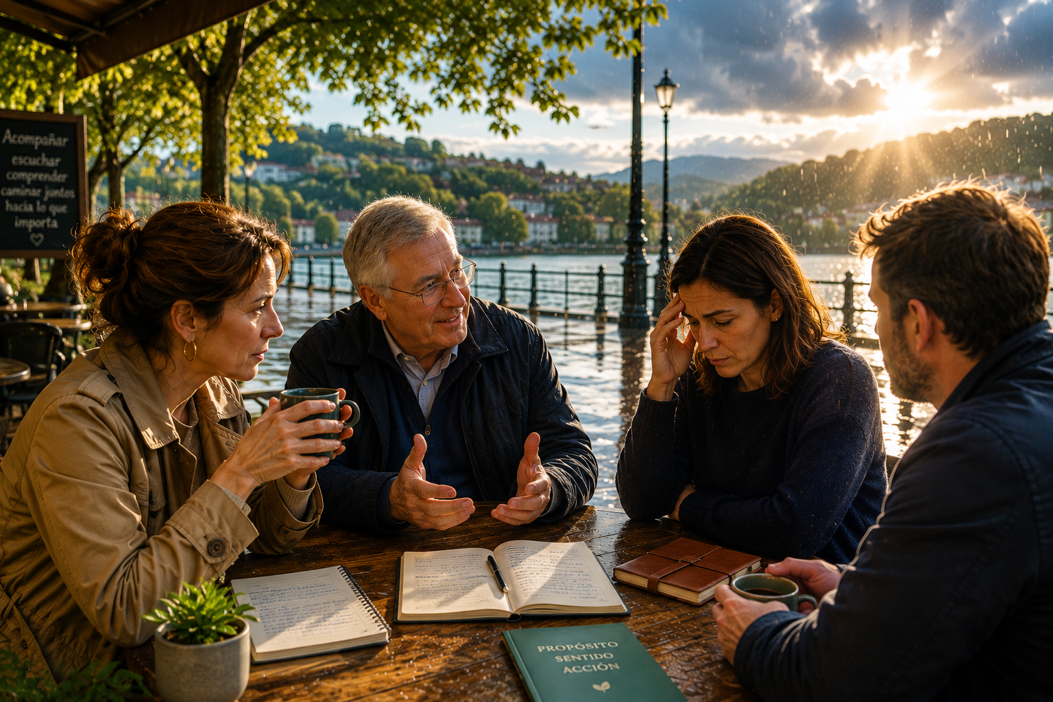 Acompañamiento personal — una conversación cercana junto al agua, al amanecer